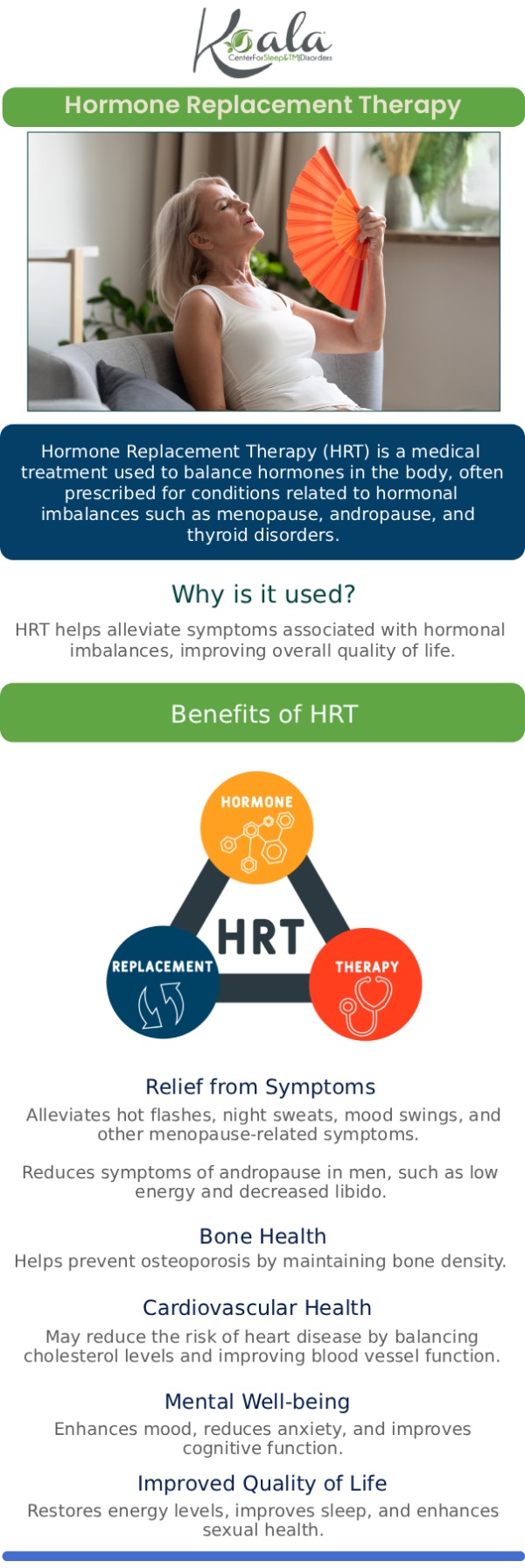 Hormonal shifts, particularly those experienced during menopause, can drastically disrupt your sleep and significantly increase your risk for obstructive sleep apnea (OSA). As estrogen and progesterone levels naturally decline, the muscles in your throat can lose muscle tone and relax too much during the night, leading to snoring, frequent waking, and chronic daytime fatigue that Hormone Replacement Therapy (HRT) alone may not fully resolve. At the Koala Center for Sleep and TMJ Disorders, we provide a comfortable, non-invasive solution to help you sleep soundly again. Our custom-fitted oral appliance therapy offers a highly effective, CPAP-free alternative by gently keeping your airway open all night. For more information, please contact us today or request an appointment online. We are conveniently located at 11825 N. State Rt 40, Ste 100, Dunlap, IL 61525.